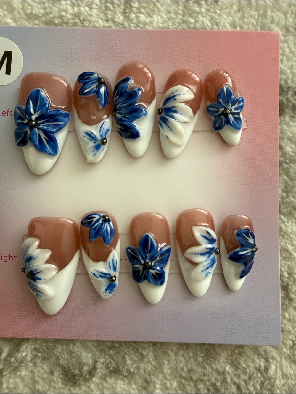 Handcrafted Blue Floral Press-On Nails with Nude Base Medium